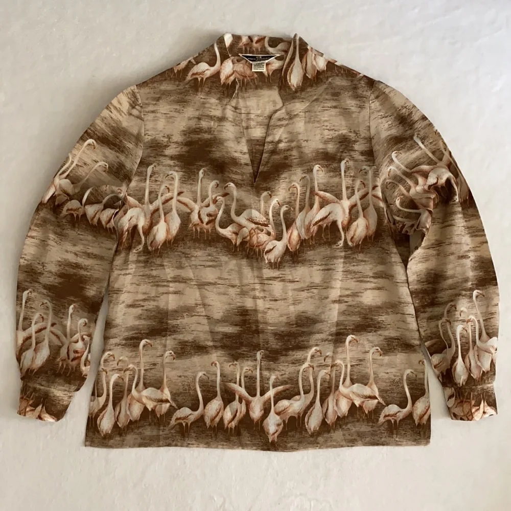 {VTG} Alex Colman Sportswear | 70s Flamingo Print Lightweight LS Pullover Blouse - Picture 16 of 16